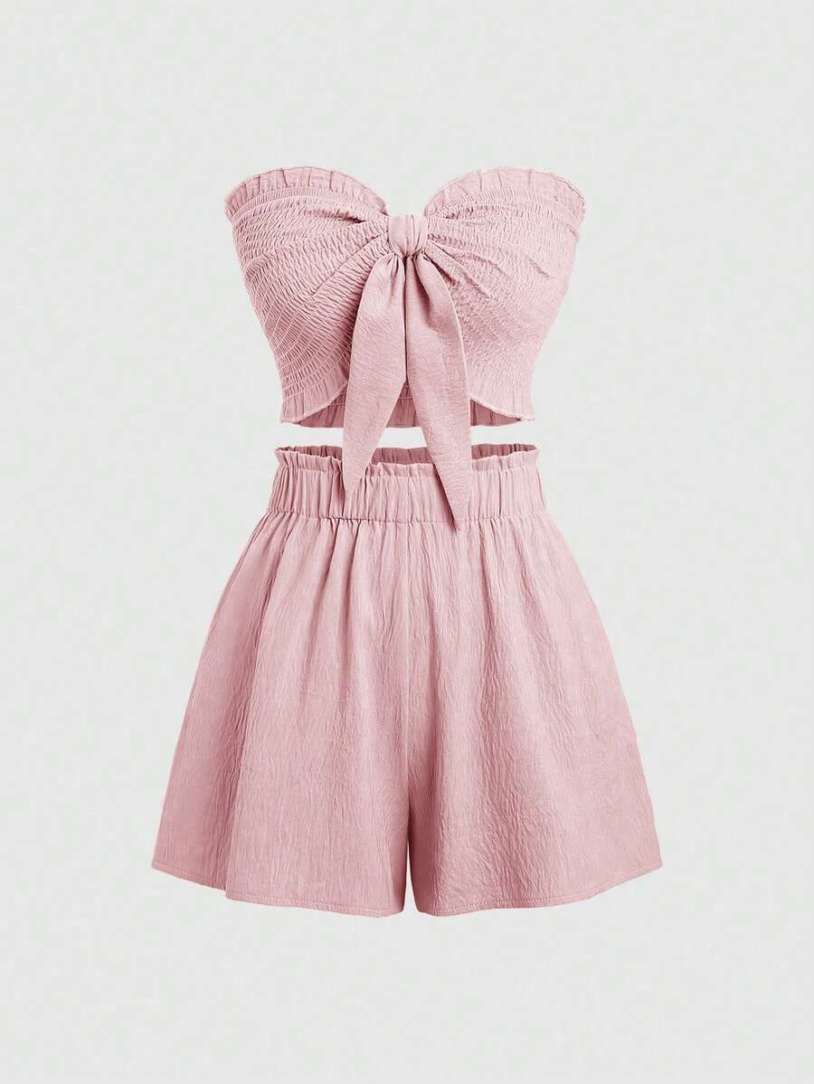 Sweetra 2pcs/Set Summer Casual Solid Color Tie-Front Cropped Top And Shorts Set - Pink - View 1