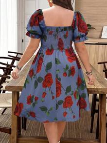 EMERY ROSE Plus Size Women's Square Neck Petal Sleeve Brown Red Rose Vacation Retro Peplum Decorated Button Front Dress - Multicolor - View 2