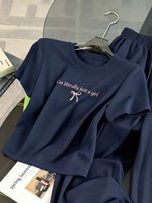 女士夏季时尚字母蝴蝶结印花圆领短袖T恤和休闲抽绳腰带口袋长裤套装 - 藏蓝色 - 查看 3