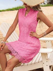 Breezaya Robe d'été à col en V en dentelle sans manches avec ourlet fendu pour vêtements de fête de vacances, tenues de plage pour femmes - Rose bonbon - Voir 4