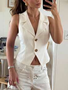 Lumalex VITNOS 新款秋冬高端女装休闲日常通勤优雅杏色无袖翻领西装背心女士上衣商务休闲女装休闲度假优雅街头风女装，春夏复古风格 - 杏色 - 查看 2