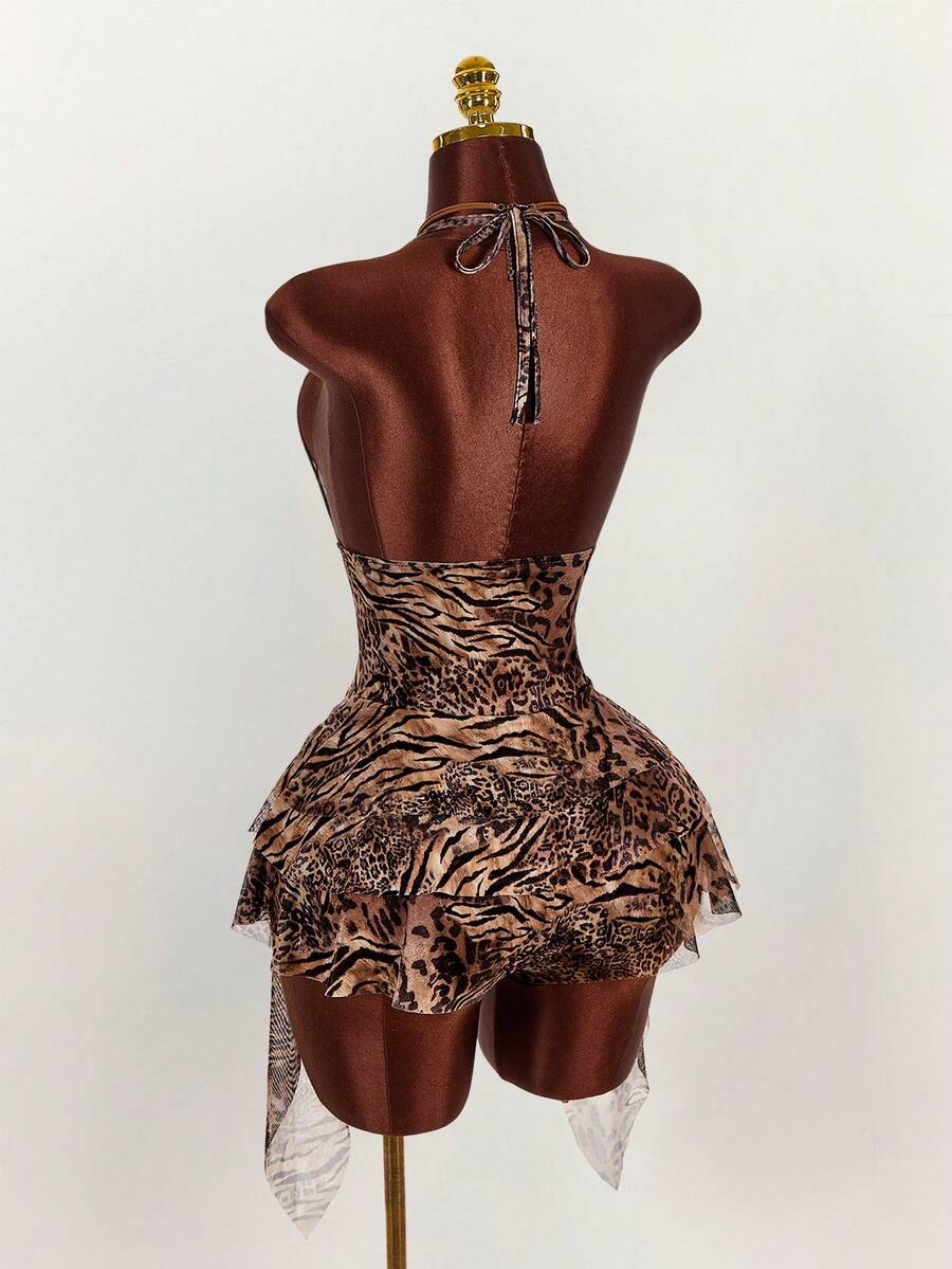 Women's 2026 Leopard Print V-Neck Ruched A-Line Jumpsuit