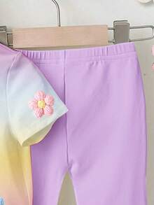 1 Set Baby Girls' Casual Cute Colorful Floral Ombre Print Round Neck Short Sleeve T-Shirt And Purple Bell-Bottom Pants Outfit - Multicolor - View 5