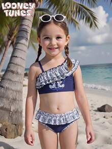 LOONEY TUNES X SHEIN GraphicGems Young Girl Cute Ruffled Asymmetric Adjustable Strap Ruffled Hem Cute Series Triangle Bikini Swimsuit Set - Multicolor - View 1