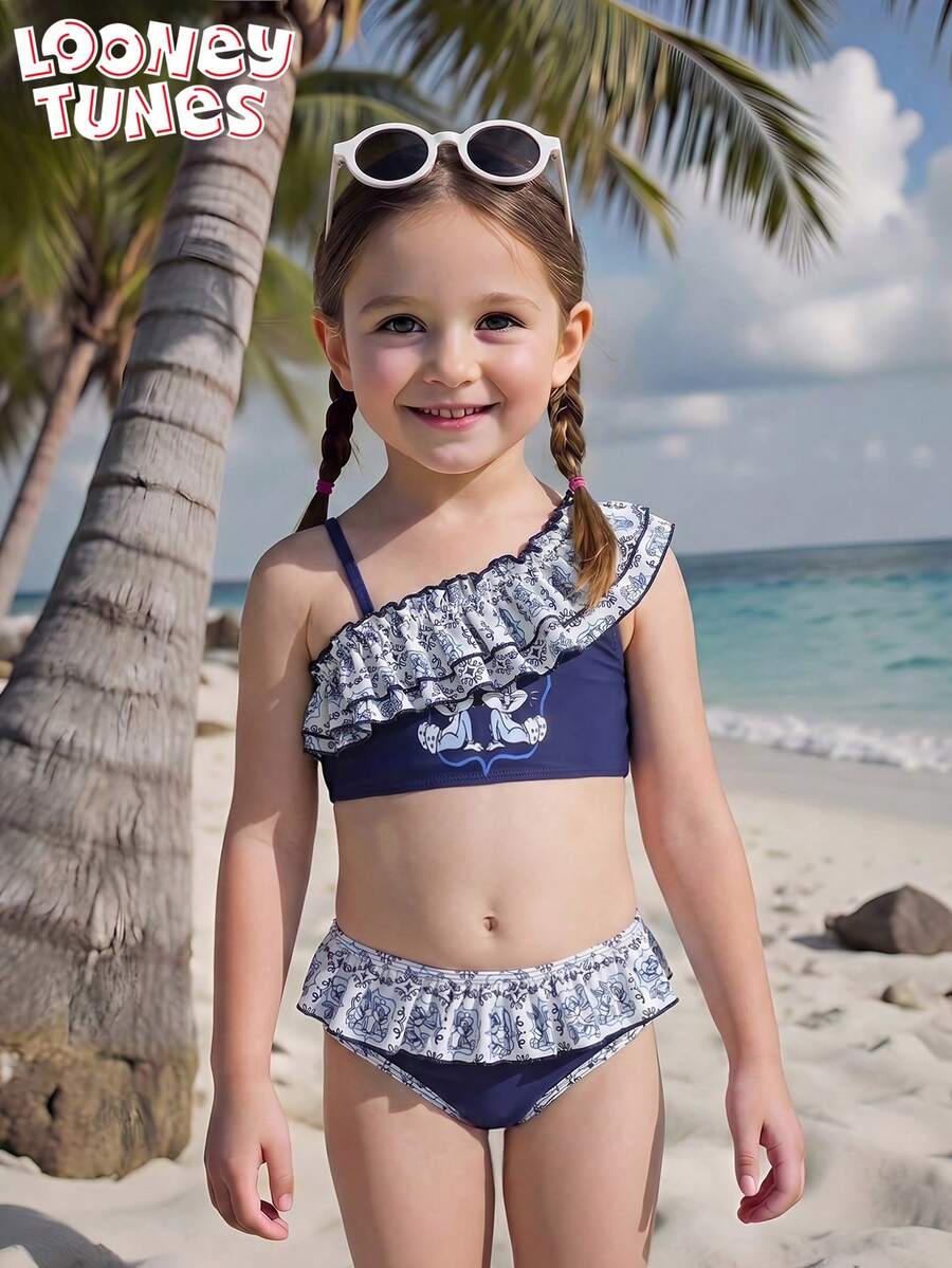 LOONEY TUNES X SHEIN GraphicGems Young Girl Cute Ruffled Asymmetric Adjustable Strap Ruffled Hem Cute Series Triangle Bikini Swimsuit Set - Multicolor - View 1