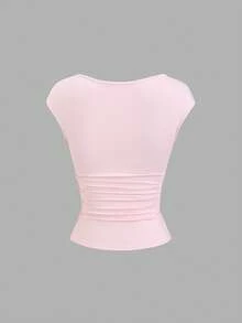 Sweetra Lace Patchwork Sweetheart Neck Casual Elegant Blouse T-Shirt, Spring/Summer - Pink - View 2