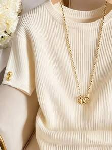 Franclia Elegant stickad t-shirt med rund hals, minimalistisk moderiktig stickad t-shirt, ny sommardesign - Beige - Visa 3