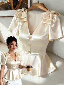 Elenzga Nueva blusa elegante y refinada para dama de oficina, con diseño de lazo en el cuello en V, apertura frontal, de tela de twill color albaricoque, versátil y estilizadora - Albaricoque - Ver 1