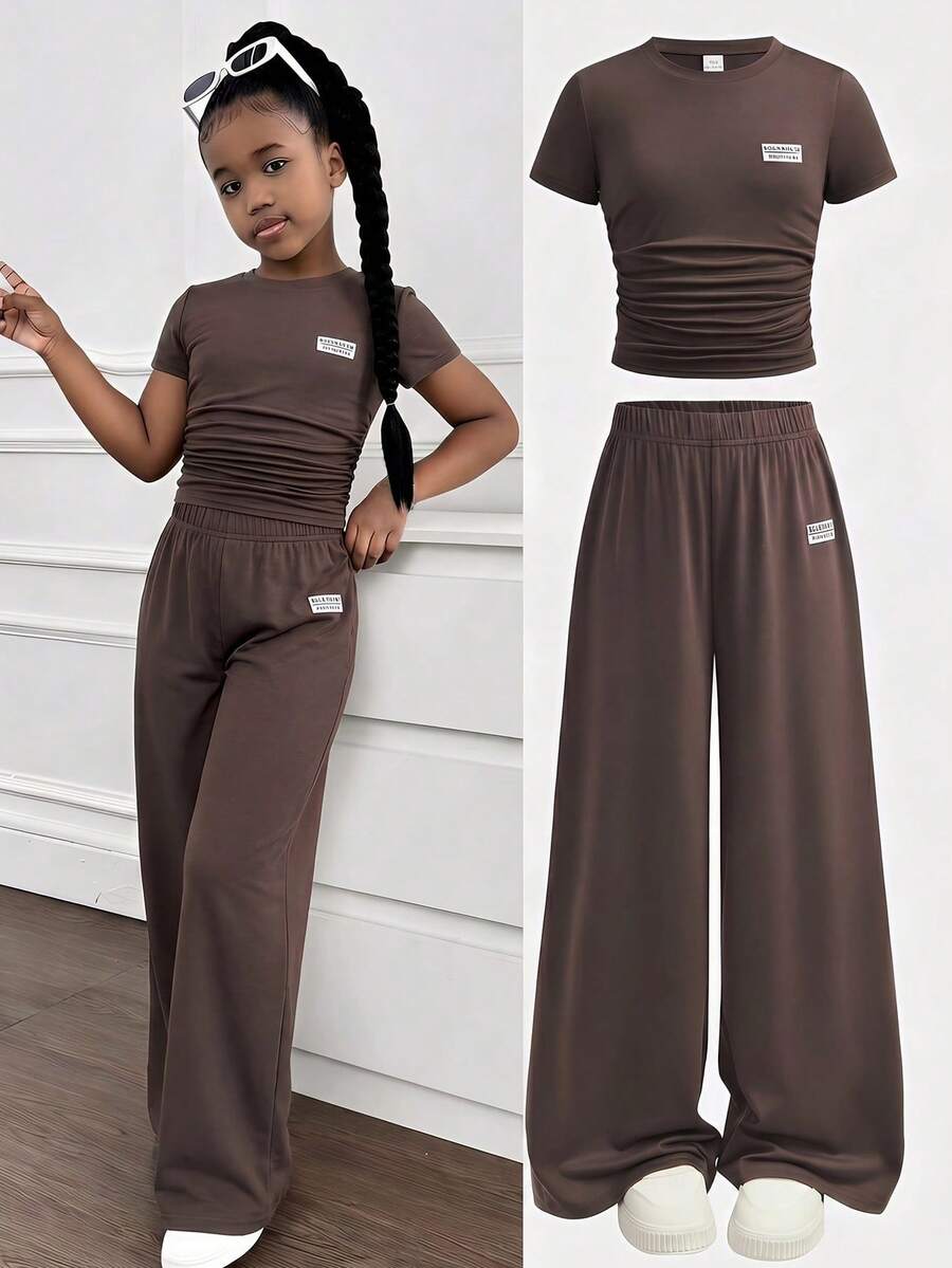 Firerie Kids 两件套少女黑白撞色宽松T恤上衣+阔腿裤休闲日常时尚套装 - 咖啡棕 - 查看 1