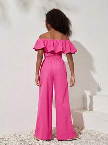 SHEIN Tween Girls' Casual Solid Color Off-Shoulder Cropped Top And Wide Leg Pants Set, Spring/Summer - Hot Pink - View 5