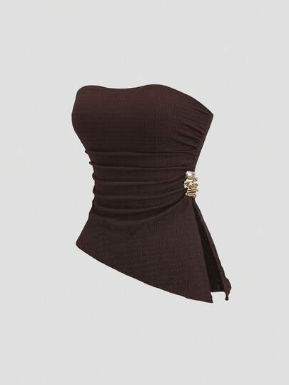 SHEIN PETITE Women's Summer Casual Metal Decor Asymmetric Hem Tube Top