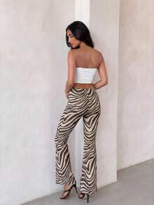 Glamine 女士中腰斑马纹阔腿裤 - 透明网纱内衬，蘑菇边设计，波西米亚风休闲性感阔腿裤 - 棕色 - 查看 2