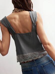 Bohemela Women's Grey Blue Elegant Summmer Tank Top,Y2K Boho Western Lace Patchwork Washing Distressing Color-Blocked Basic Tops,Perfect For Dates&Festivals - Grey - View 6