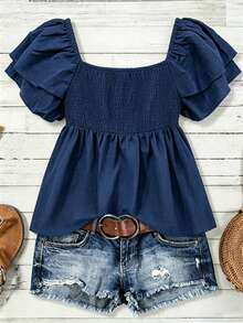Camisa azul con mangas de gorra y cuello cuadrado con mangas volantes al estilo francés, ideal para el verano - Azul 2 - Ver 3