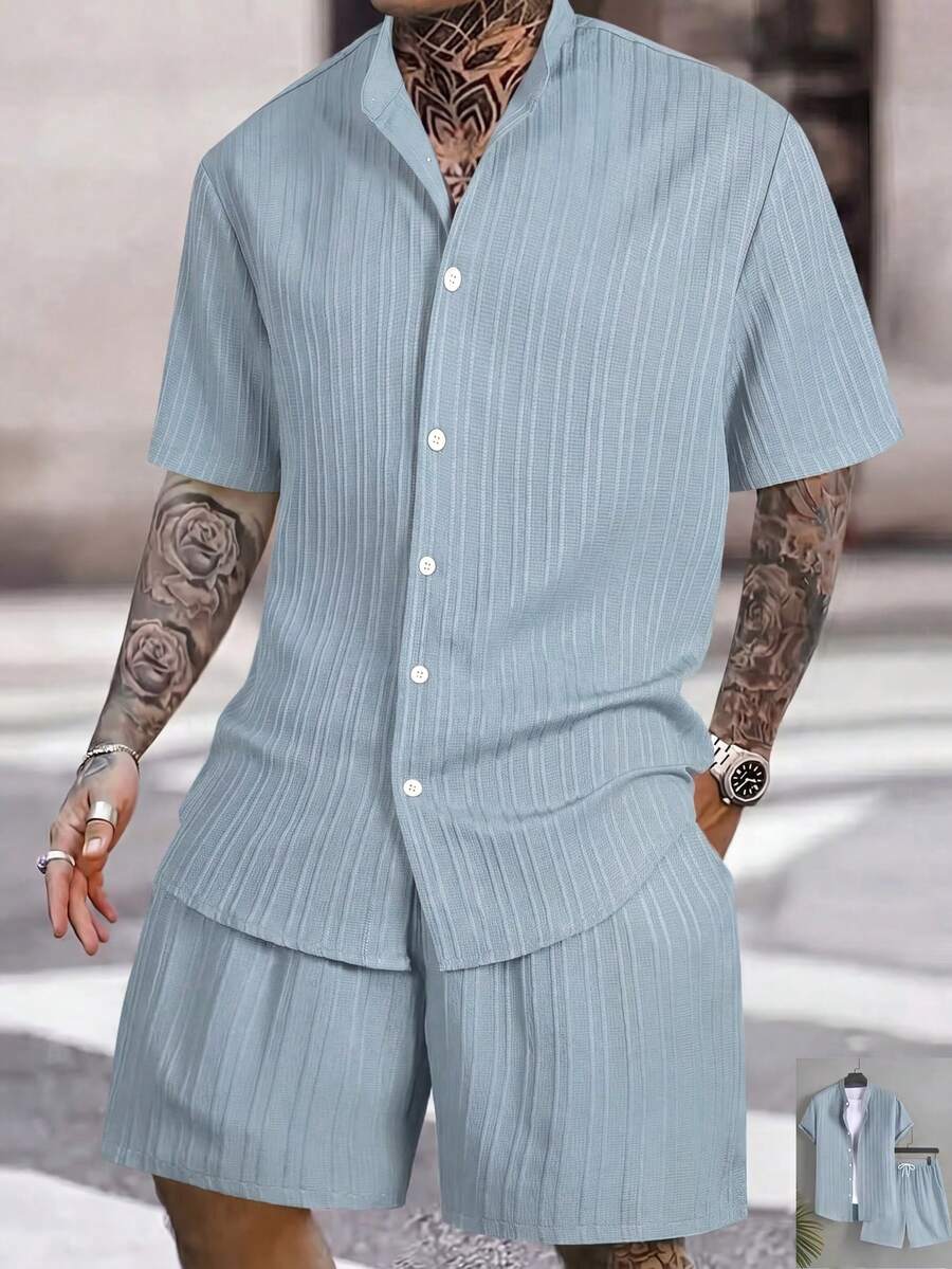 Surfspeed Men's Summer Holiday Casual Blue Solid Color Button-Front Short Sleeve Shirt And Shorts Set,Beach Hawaii Tropical Vacation Swim Bathing Outfit - Baby Blue - View 1