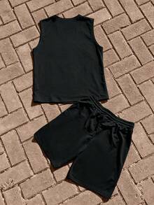 Manfinity EMRG Men's Graphic Print Round Neck Tank Top And Shorts Casual Set - Black - View 3