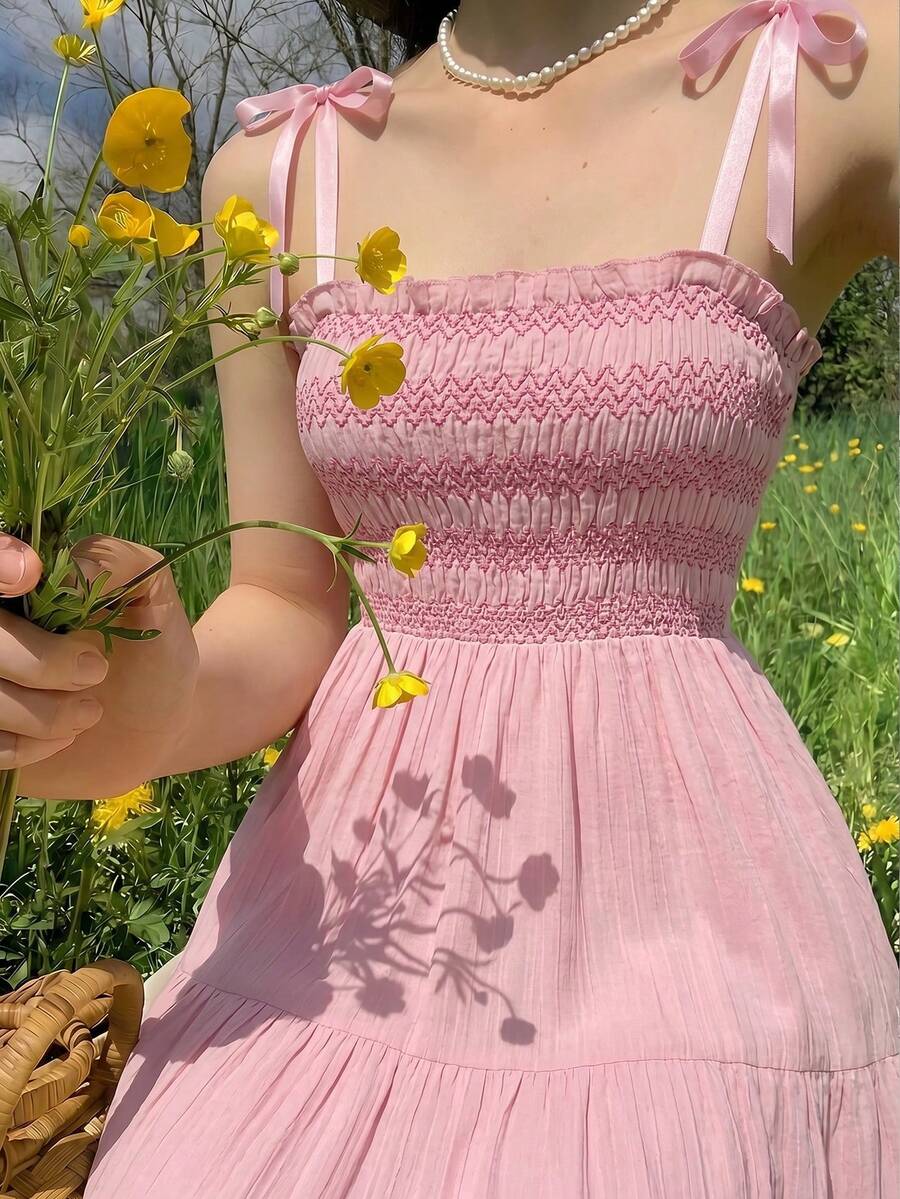 SHEIN MOD Women's Summer Minimalist Spaghetti Strap Ruffle Hem Dress - Pink - View 1