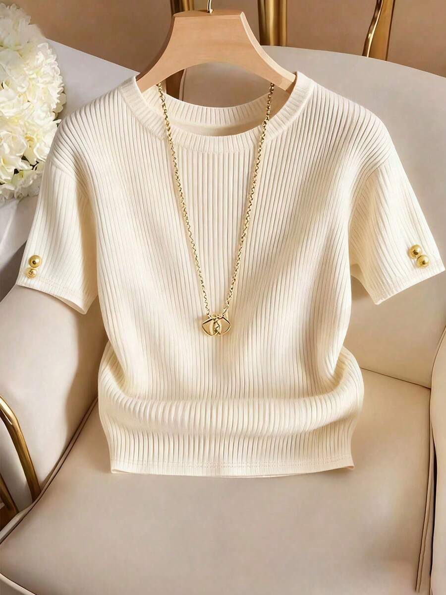 Franclia Elegant stickad t-shirt med rund hals, minimalistisk moderiktig stickad t-shirt, ny sommardesign - Beige - Visa 1