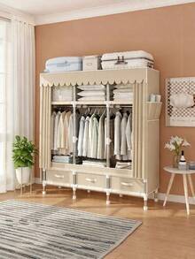 1 pieza Armario portátil de gran capacidad, diseño de estructura de marco de acero con estabilidad reforzada, combinación de espacio colgante y área de almacenamiento de varias capas, diseño de cajón inferior para ropa, espacio superior utilizado, adecuado para el hogar, dormitorio, mueble de almacenamiento eficiente - Multicolor - Ver 5