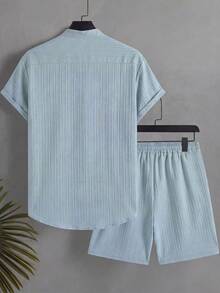 Surfspeed Men's Summer Holiday Casual Blue Solid Color Button-Front Short Sleeve Shirt And Shorts Set,Beach Hawaii Tropical Vacation Swim Bathing Outfit - Baby Blue - View 3