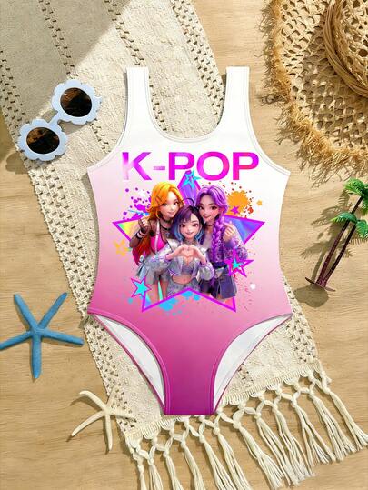 Young Girl One-Piece Swimsuit, Casual, Resort Style, Pink Gradient Swimsuit, Swee Cool Print, Suitable For Summer Vacation Beach Seaside Pool Swimming One Piece Swimsuit For Kids Girls Swimwear 7years To 10 Years Young Girl Swim Suit Swimming For Kids Kids Swimsuit