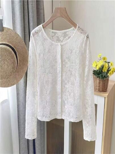 INAWLY Women's Fashionable Elegant Lace Embroidered Sheer Single-Breasted Long Sleeve Blouse