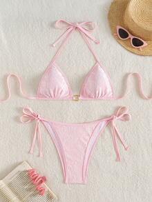 SHEIN Swim 2pcs Solid Color Lace Patchwork Halter Triangle Cup Bra And Swim Bottoms Bikini Set For Summer Beach Vacation - Pink - View 3