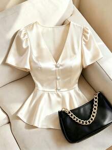 SHEIN Franclia Women's V-Neck Pearl Button Casual Blouse, Versatile Elegant Office Wear For Summer Blouse For Women Elegant Classy Blouse For Women Formal Attire Elegant Satin Top Satin Blouse For Women Blouse For Women Yk2k Tops Blouse Korean Style Yrack Suits For Ladies - Apricot - View 1