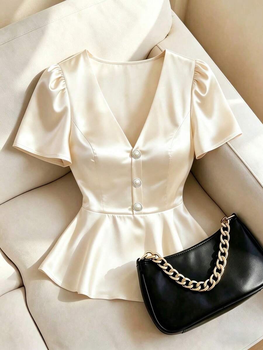 SHEIN Franclia Women's V-Neck Pearl Button Casual Blouse, Versatile Elegant Office Wear For Summer Blouse For Women Elegant Classy Blouse For Women Formal Attire Elegant Satin Top Satin Blouse For Women Blouse For Women Yk2k Tops Blouse Korean Style Yrack Suits For Ladies - Apricot - View 1