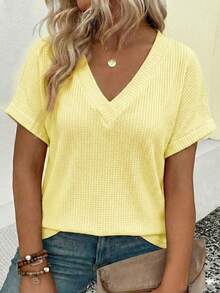 EMERY ROSE New Arrival Plus Size Women's Fashion Casual Versatile Bestselling Neon Color V-Neck Short Sleeve T-Shirt - Yellow - View 1
