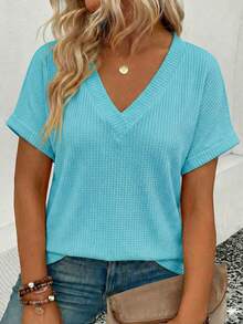 EMERY ROSE Plus Size Women's Fashion Casual Versatile Bestselling Neon Color V-Neck Short Sleeve T-Shirt - Blue - View 1