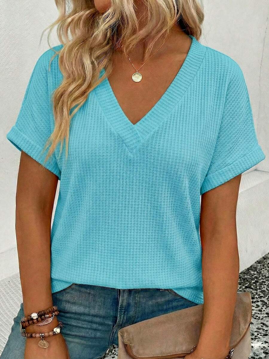 EMERY ROSE Plus Size Women's Fashion Casual Versatile Bestselling Neon Color V-Neck Short Sleeve T-Shirt - Blue - View 1