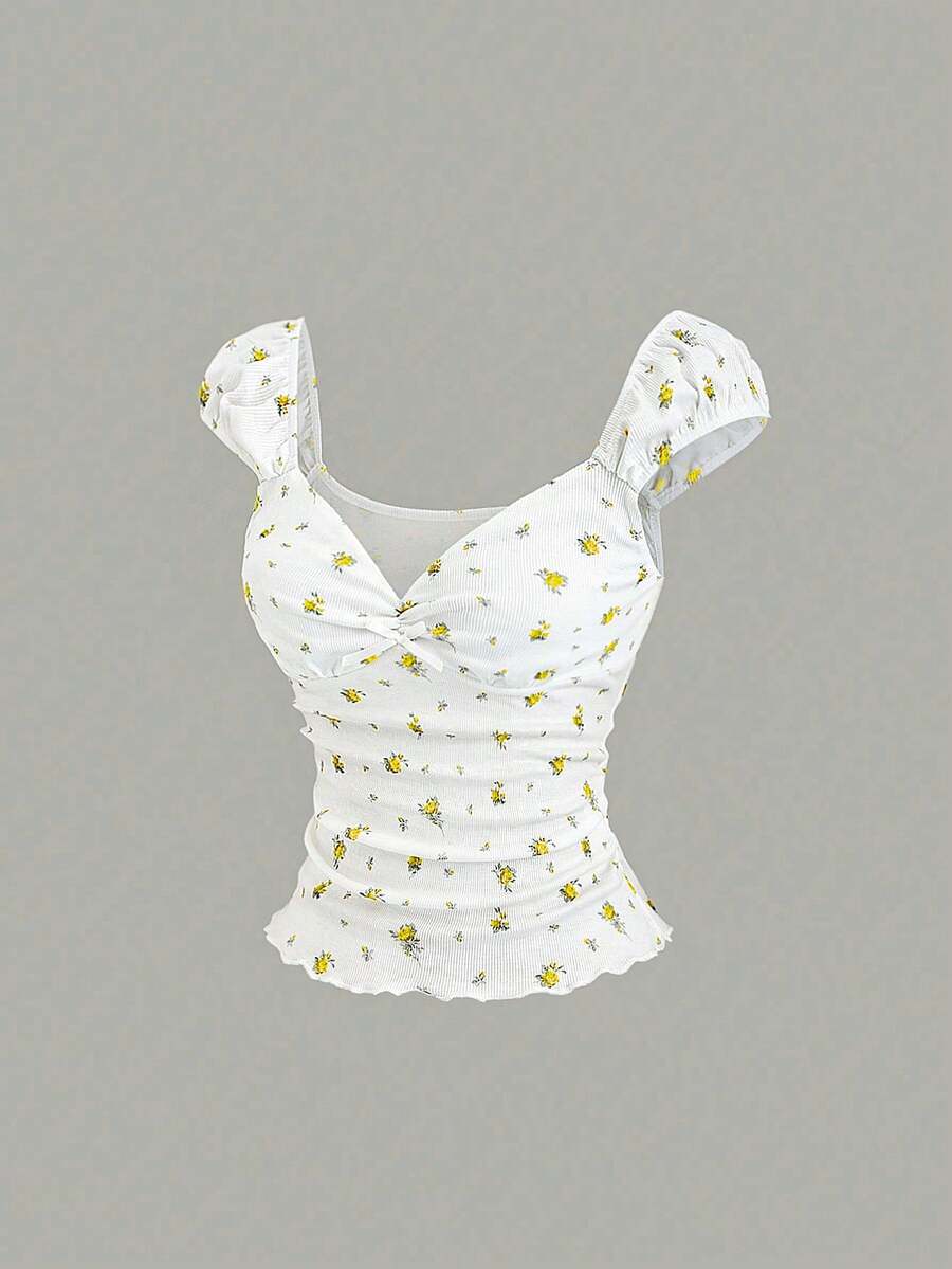 Sweetra Women's White Cottage Core Sexy T-Shirt, Summer Picnic Sweetheart Neck Puff Sleeve Knit Top, Graphic Print Ruched Waist Bow Decor Golf - Yellow - View 1