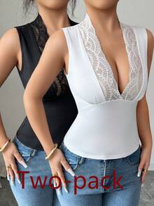 Allurite Minimalist Lace Trim Deep V-Neck Camisole,Black & White Combo,Elegant Summer Vacation Holiday Tank Tops For Women,Flattering Body Tops,2pcs Set - Black and White - View 3