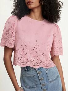 CAJUNI Summer Casual Solid Color Embroidered Cropped Shirt,Summer Top - Baby Pink - View 5