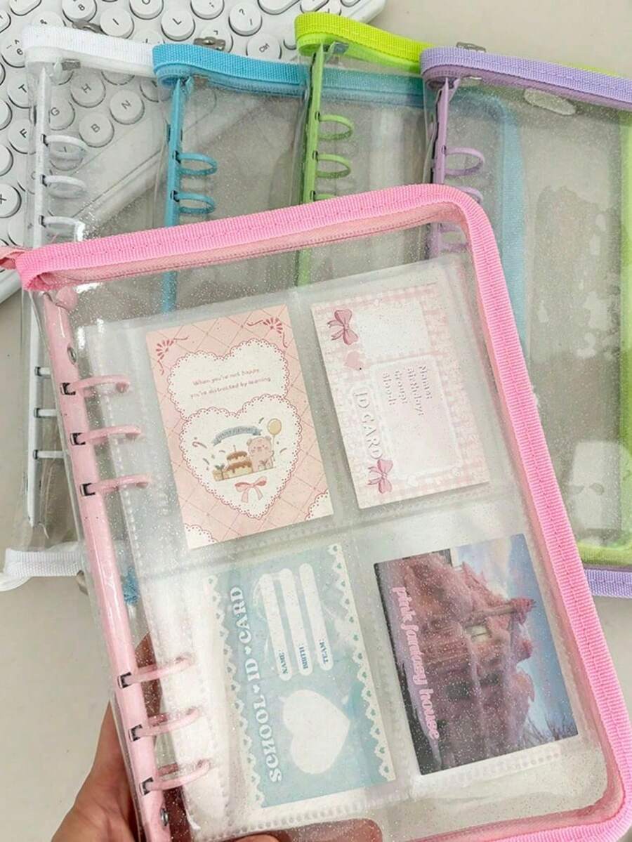 A5 Zipper Binder Notebook With Shiny Cover, Flash Organizer Diary, Bullet Transparent PVC Photo Album - Multicolor - View 1