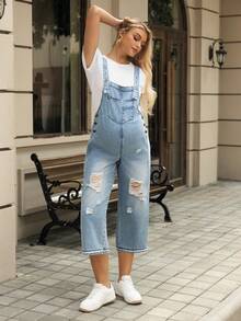 SHEIN Maternity Casual Washed Distressed Non-Stretch Denim Bib Pants - Medium Wash - View 7
