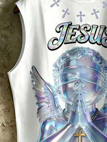 STEELVANCE Men's Casual Angel Print Tank Top, Summer - White - View 3