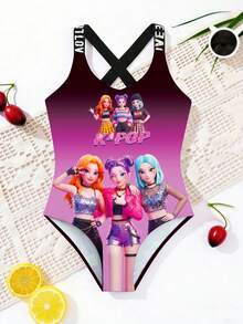 新款时尚女童连体泳衣，比基尼吊带连体裤，数码印花可爱交叉绑带，女童沙滩泳装 - 彩色 - 查看 3