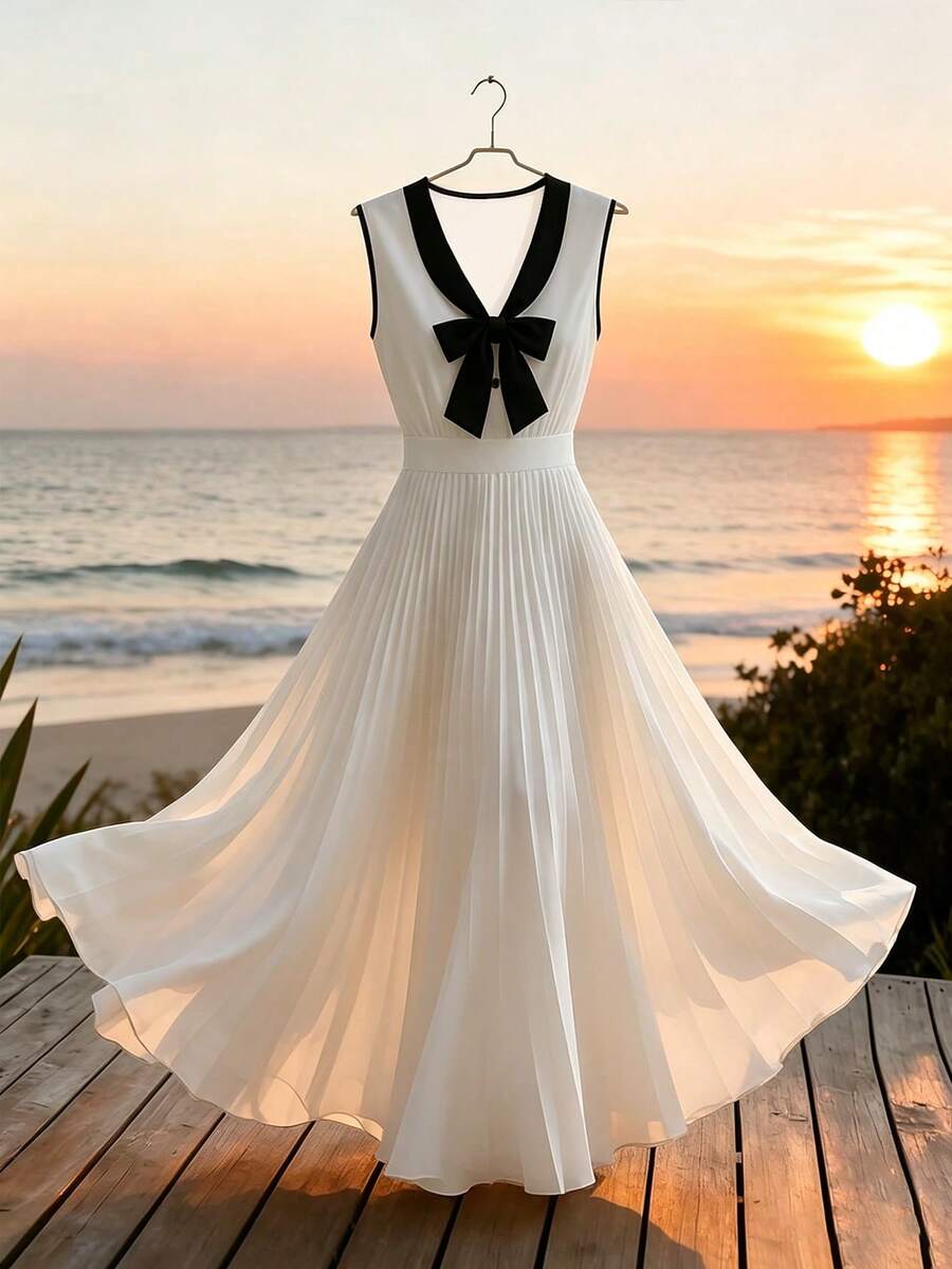 GlowEve Vestido formal ligero con pliegues, decoración de lazo y bloqueo de color elegante y de moda para mujer - Blanco - Ver 1