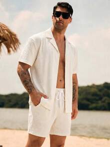 ZELFYO Men's Solid Color Shirt And Shorts Beach Outfit - Beige - View 1