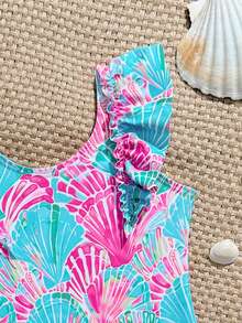 SHEIN Traje de baño de una pieza con estampado de fresa y falda de volantes de malla para niñas, lindo para vacaciones - Multicolor - Ver 3