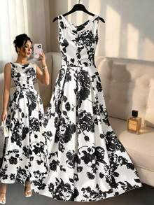 Elenzga Mẫu mới về: Đầm dài thanh lịch dành cho nữ, cổ tròn. - Đen và trắng - Xem 4