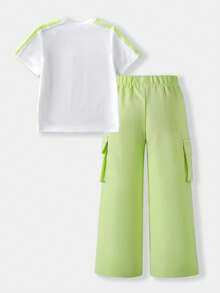 SHEIN Casuvi Kids 2件組少女復古美式字母短袖T恤與工裝褲，夏季校園運動返校時尚套裝，日常穿著 - 黃色 - 查看 2