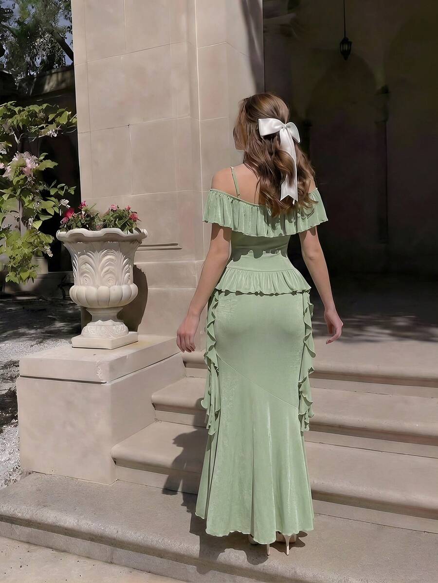 SHEIN MOD 女款鼠尾草綠優雅茶會洋裝,夏季極簡主義荷葉邊下擺鄉村風乳女法式復古鄉村度假穿搭 - 綠色 - 查看 1