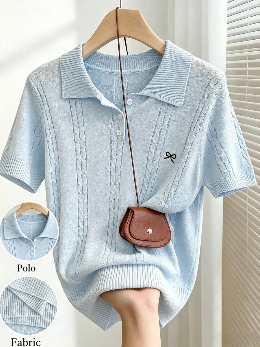 SHEIN Franclia Casual Loose Polo Collar Short Sleeve Woolen Half Button Placket Fried Dough Twists Knitting Blue Women's Spring Summer Knitting Top, Spring, Summer, Autumn And Winter For Women, Casual Knitted Top For Women, Office Attire For Women, Work Outfits For Women, Summer Outfits For Women, Summer Clothes, Blue Knitted Top Woman Clothes Cute Outfits For Women Ootd Outfit For Women Blouse For Women Casual Polo Aesthetic Outfit For Women Ladies Clothes Casual Wear Short Sleeve Polo - Blue - View 1