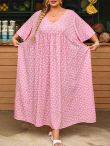 SHEIN CURVE+ Vestido casual de mujer talla grande con estampado floral diminuto, vestido de mujer rosa y colorido, vestido holgado tipo babydoll, para verano - Rosa - Ver 10