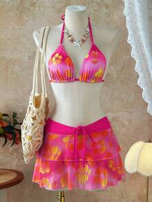 Swim Mod 3pcs/Set Girl's Floral Print Spaghetti Strap Halter Bikini Top, V-Cut Bottoms And Short Mesh Skirt - Multicolor - View 6