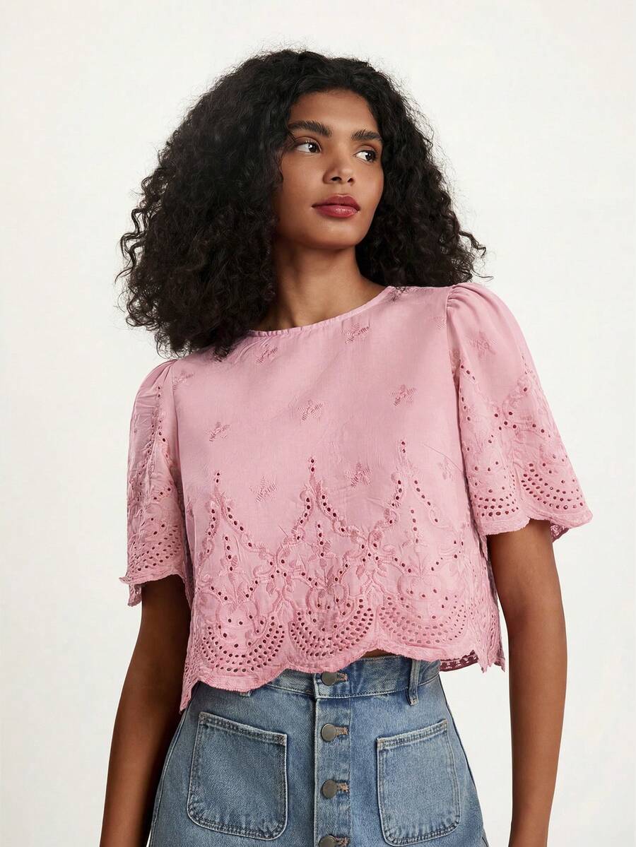 CAJUNI Summer Casual Solid Color Embroidered Cropped Shirt,Summer Top - Baby Pink - View 1