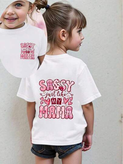 Camiseta de manga corta de cuello redondo blanca para niña, con estampado de letras en rosa, adecuada para salidas, combinación diaria, apropiada para primavera, verano y otoño